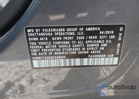 2016 Volkswagen Passat 1.8T Se z USA, uszkodzony, nr VIN 1VWBT7A33GC048504